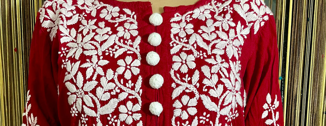 Lucknowi Chikankari Handwork Embroidery Long Kurti In Rayon Fabric With Handmade Qurasia Buttons By ADR Chikan
