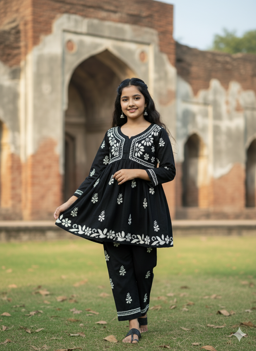 ADR Chikan Lucknowi Chikankari Kids Black Kurti with Plazzo Set