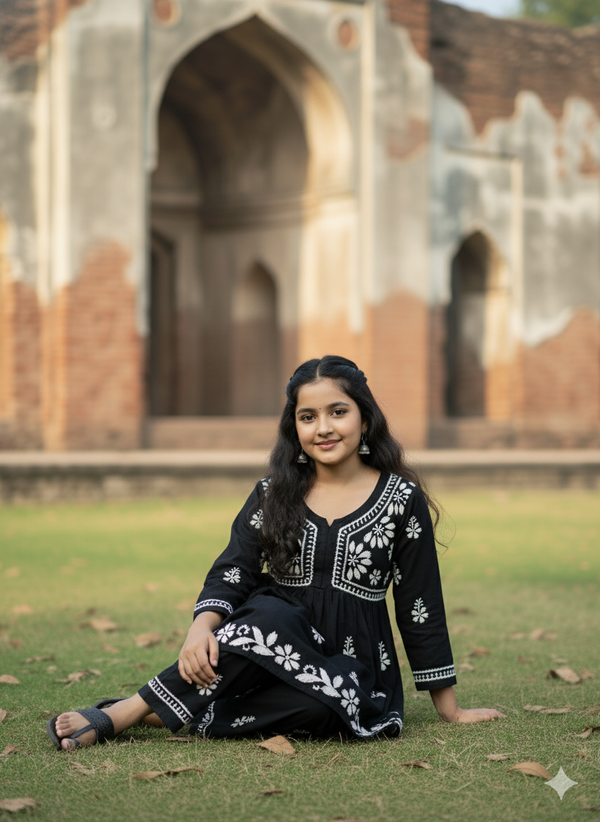 ADR Chikan Lucknowi Chikankari Kids Black Kurti with Plazzo Set