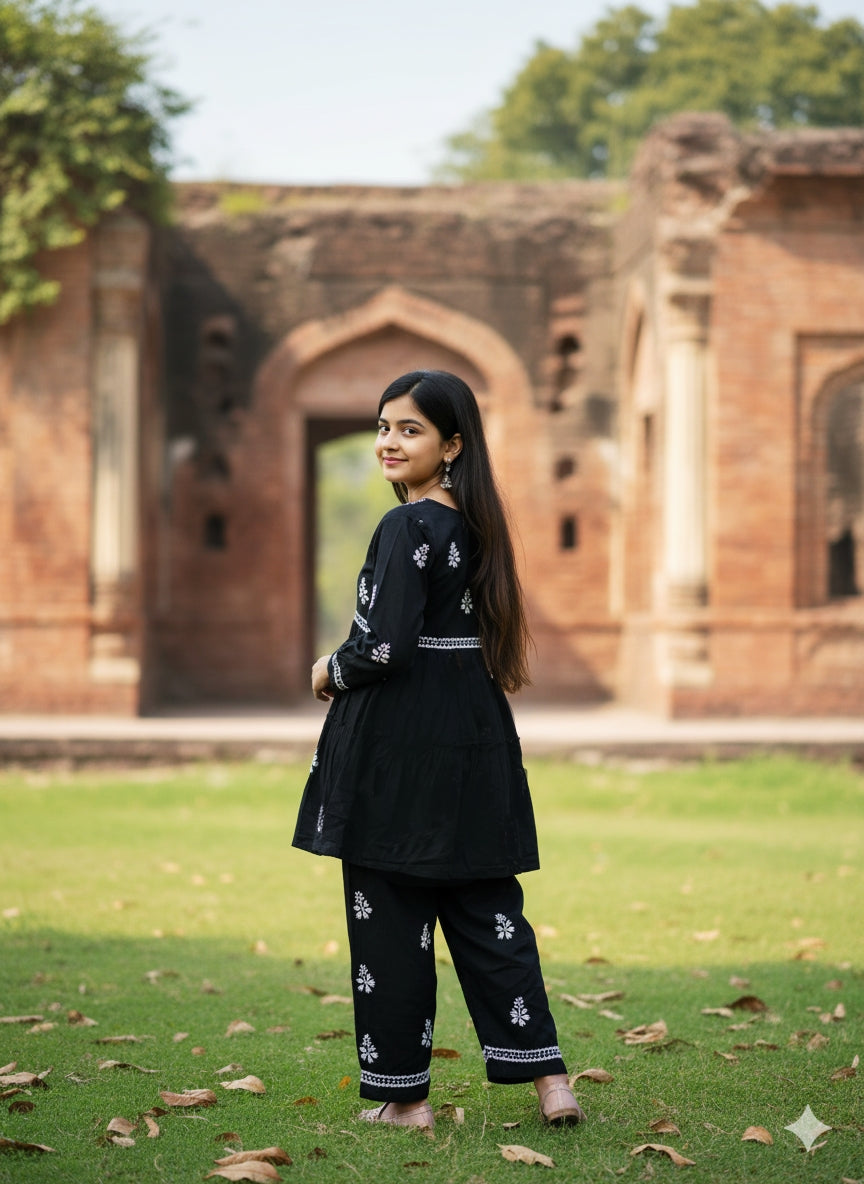 ADR Chikan Lucknowi Chikankari Kids Black Kurti with Plazzo Set