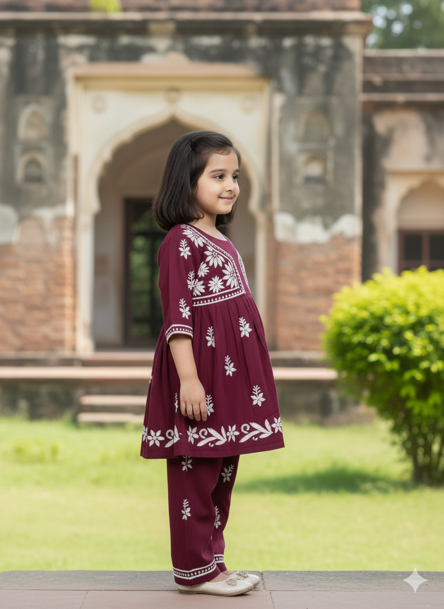 ADR Chikan Lucknowi Chikankari Kids Kurti with Plazzo Set | Handcrafted Embroidered Ethnic Wear for Girls | Comfortable & Stylish Traditional Outfit