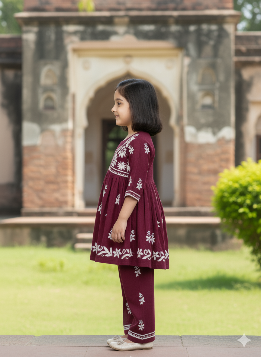 ADR Chikan Lucknowi Chikankari Kids Kurti with Plazzo Set | Handcrafted Embroidered Ethnic Wear for Girls | Comfortable & Stylish Traditional Outfit