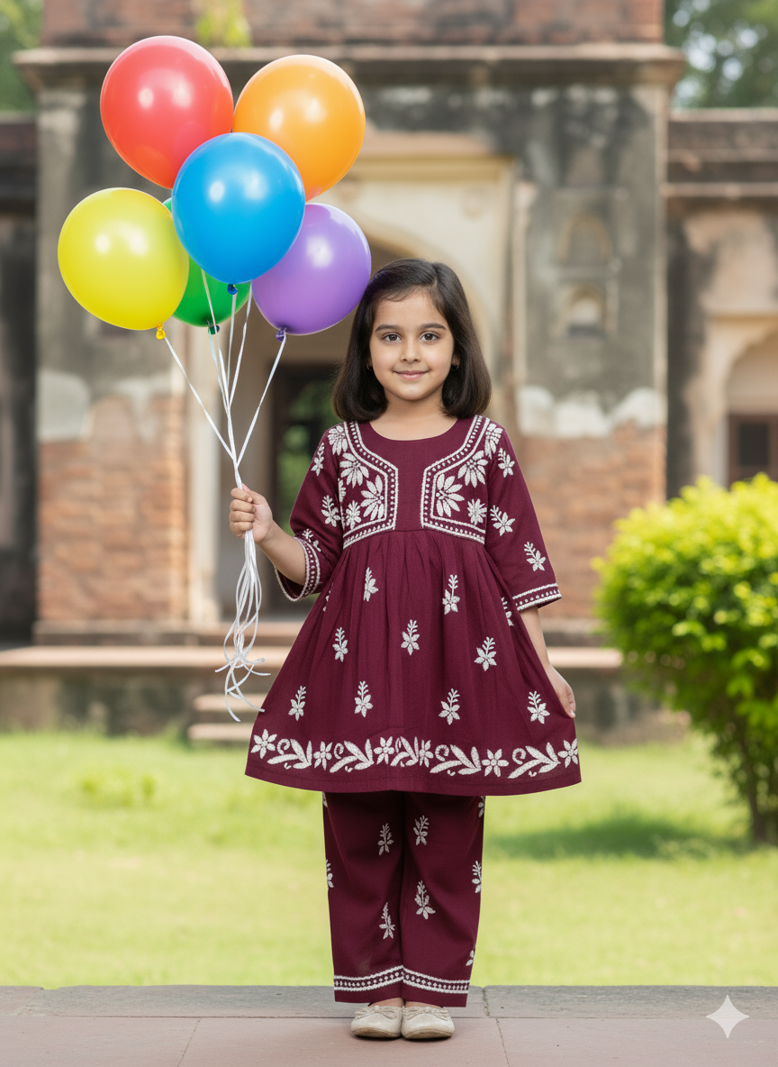 ADR Chikan Lucknowi Chikankari Kids Kurti with Plazzo Set | Handcrafted Embroidered Ethnic Wear for Girls | Comfortable & Stylish Traditional Outfit