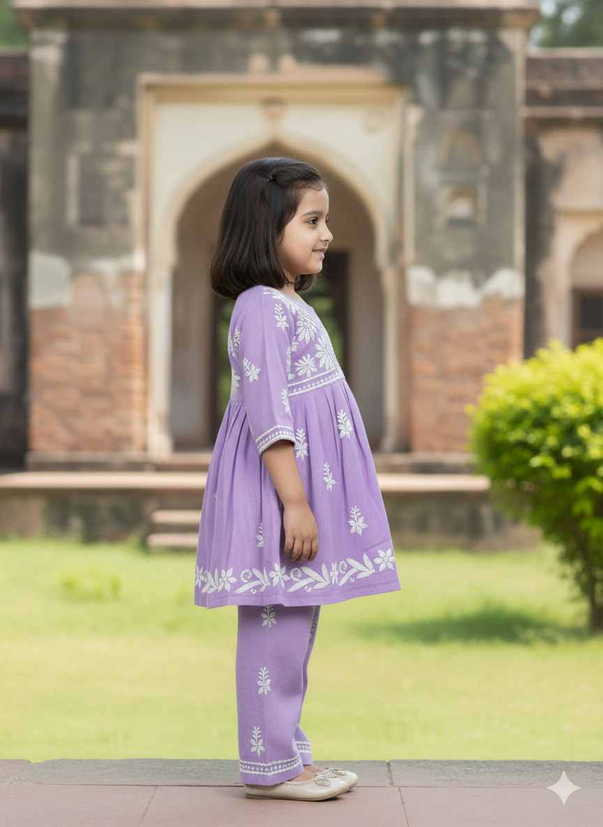 ADR Chikan Lucknowi Chikankari Kids Kurti with Plazzo Set