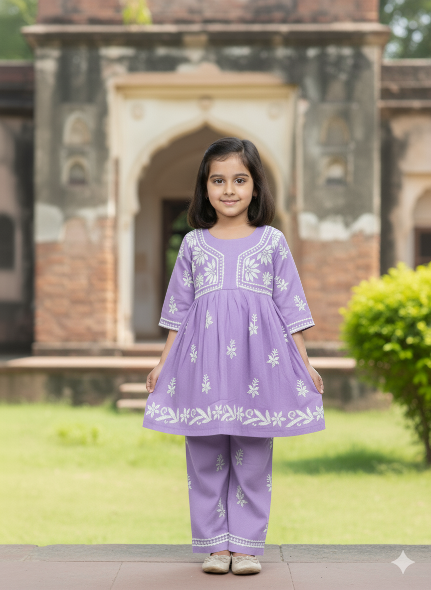 ADR Chikan Lucknowi Chikankari Kids Kurti with Plazzo Set