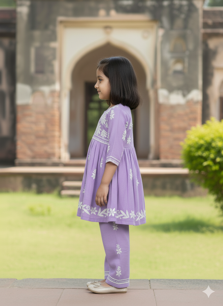 ADR Chikan Lucknowi Chikankari Kids Kurti with Plazzo Set