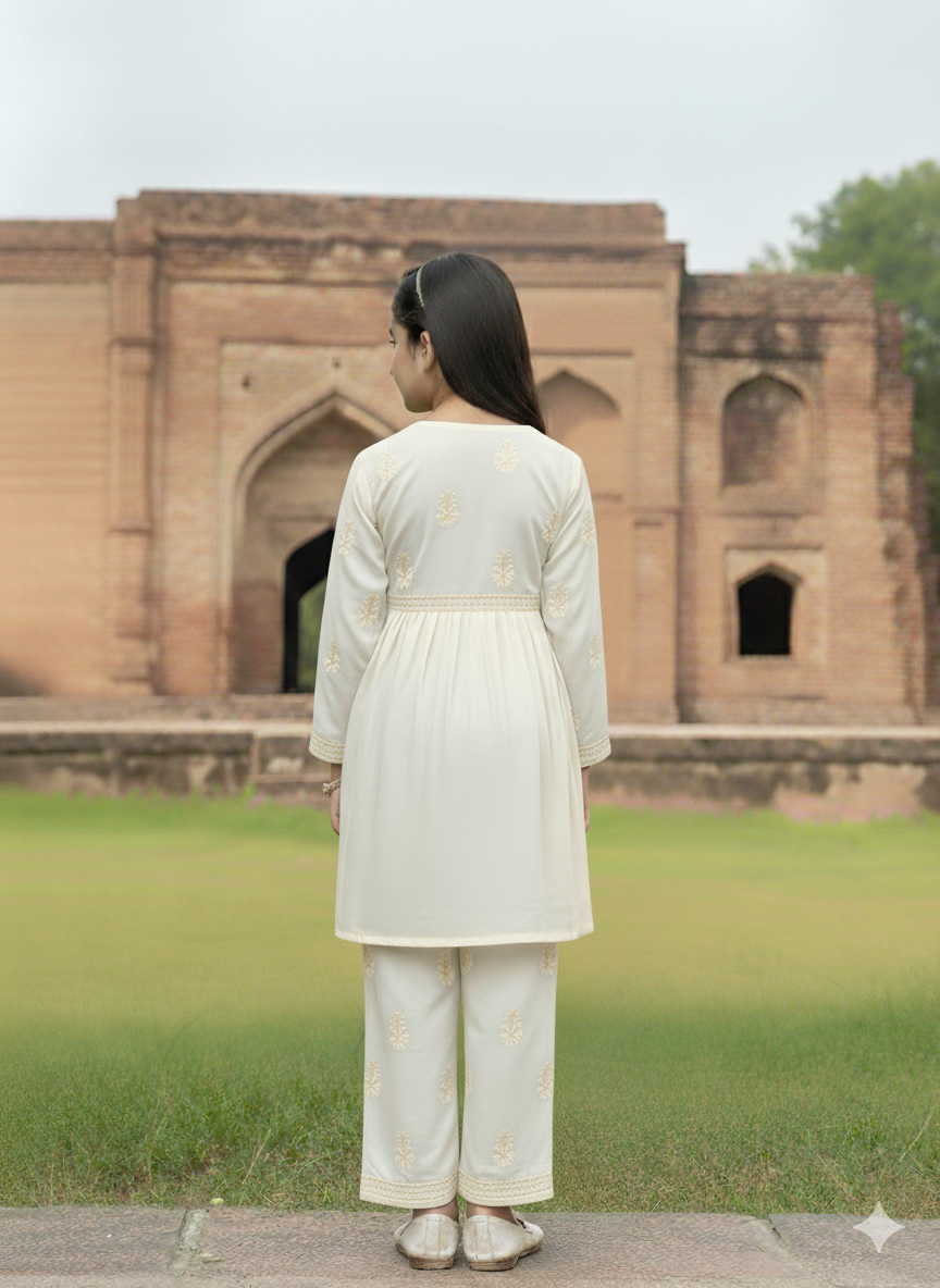 ADR Chikan Lucknowi Chikankari White Kids Kurti with Plazzo Set