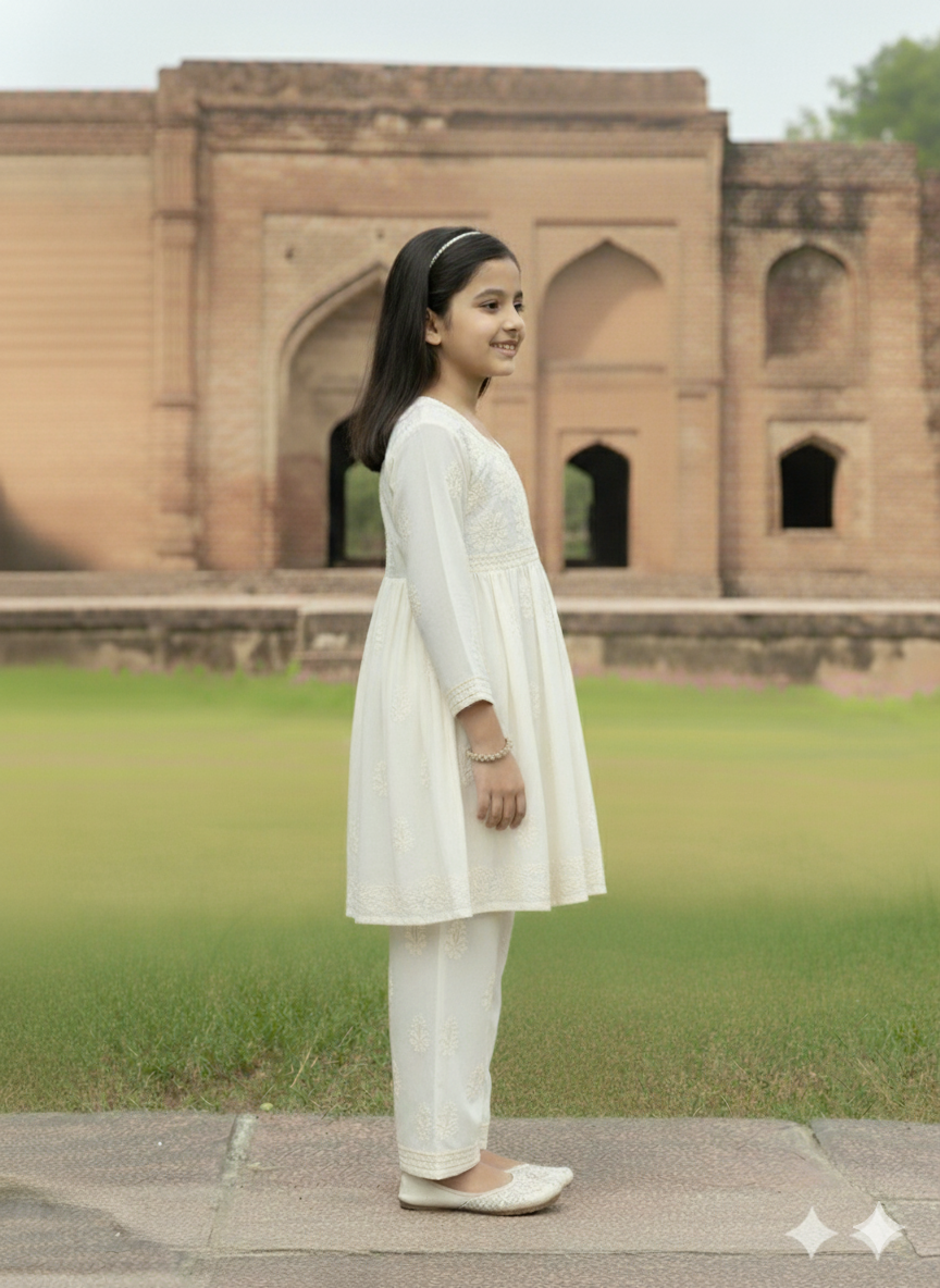 ADR Chikan Lucknowi Chikankari White Kids Kurti with Plazzo Set
