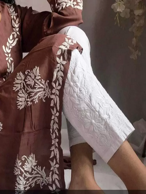 Lucknowi Chikankari Machine Embroidery Work lycra stretchable Pants For Women