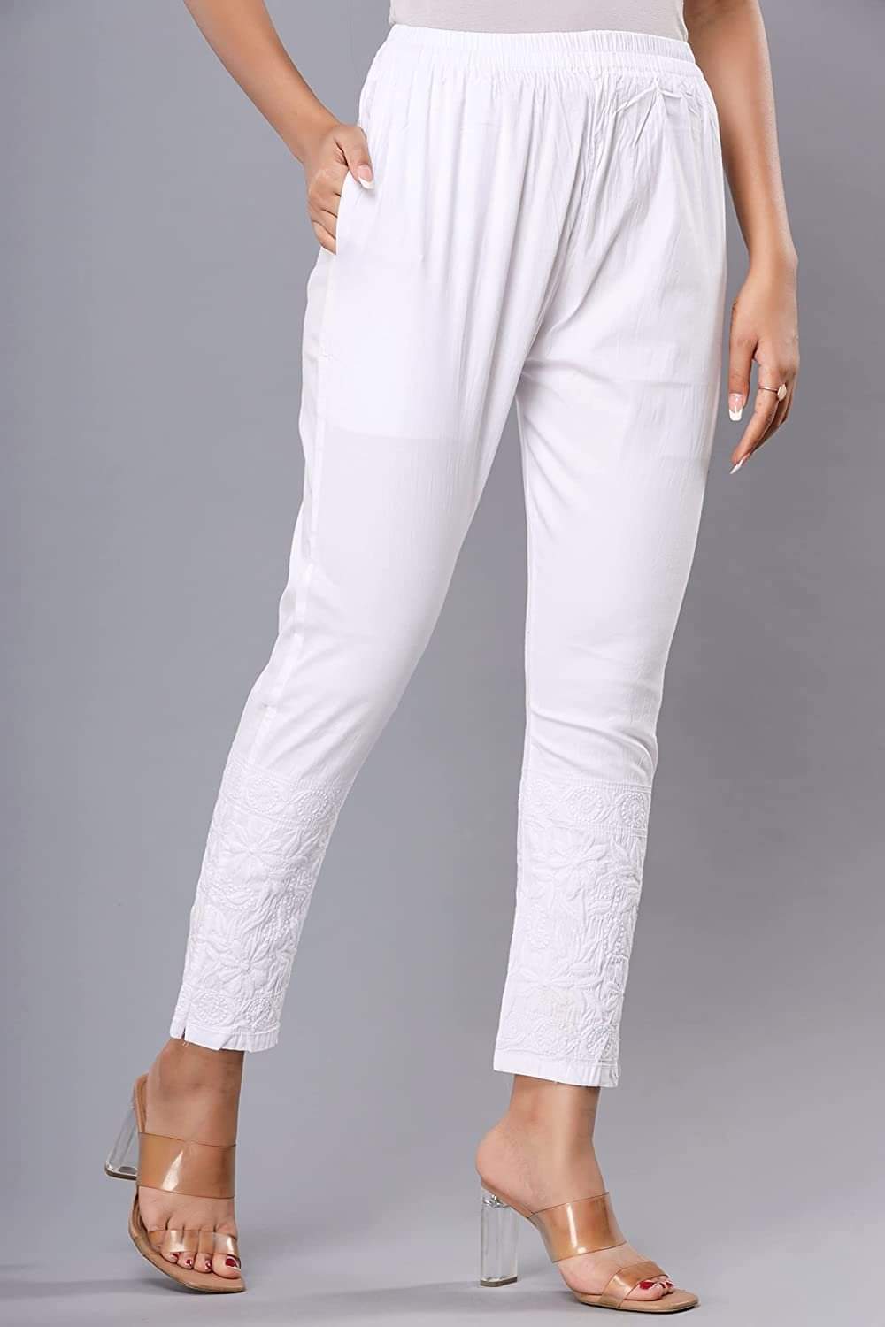 Lucknowi Chikankari Machine Embroidery Work lycra stretchable Pants For Women