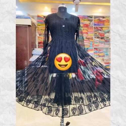 "ADR Chikankari Hand Embroidered Lucknowi Georgette 56 Kali Anarkali Kurti for Girls & Women"