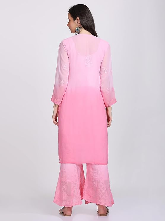 "ADR Women's Chikankari Handwork Straight Dyed Pink Kurti, Sharara & Dupatta Set with Inner"
