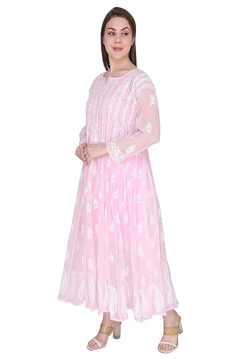 "ADR Chikankari Hand Embroidered Lucknowi Georgette 56 Kali Anarkali Kurti for Girls & Women"