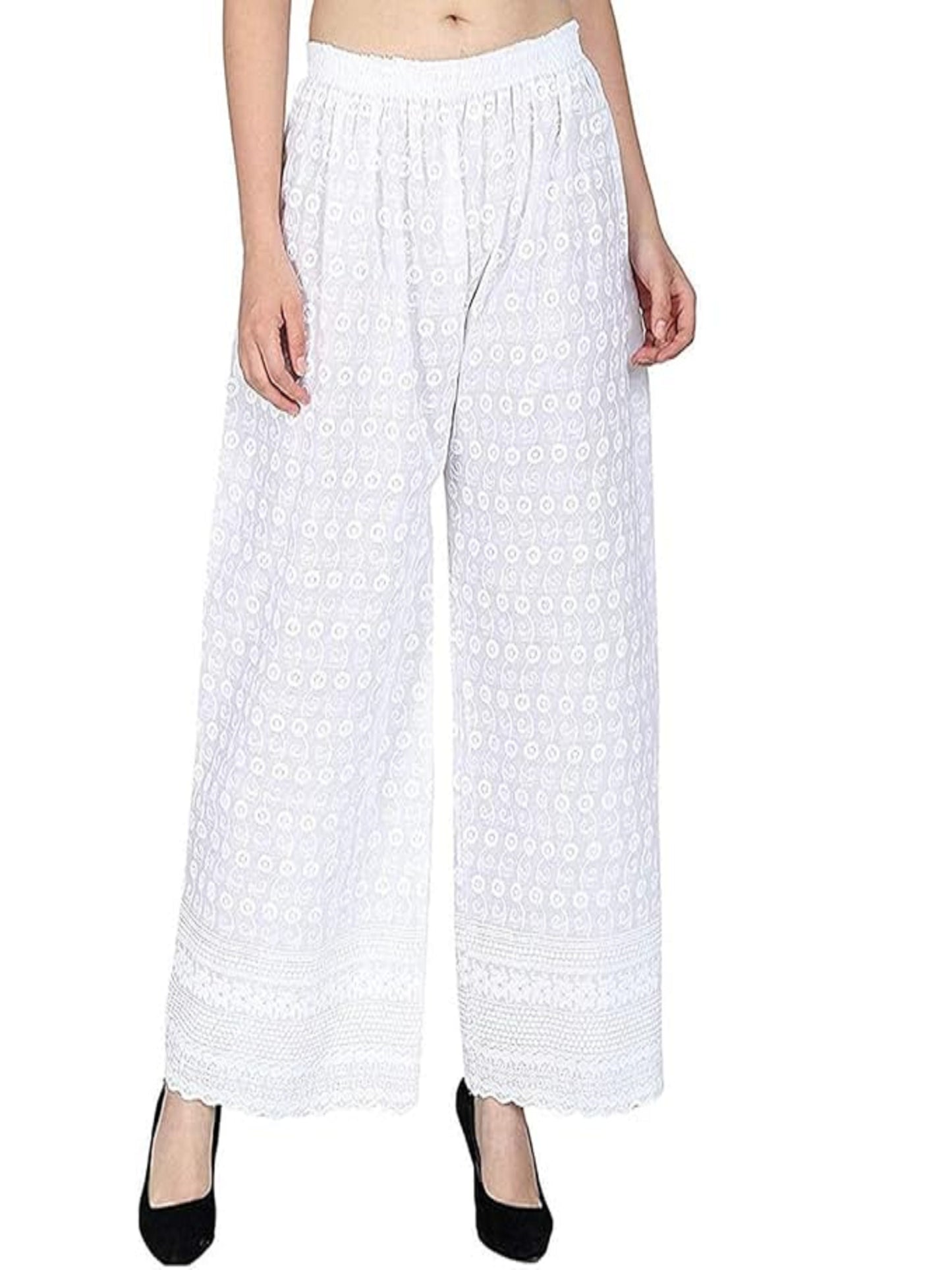 White Lucknowi Chikankari Cotton Plazzo For Women