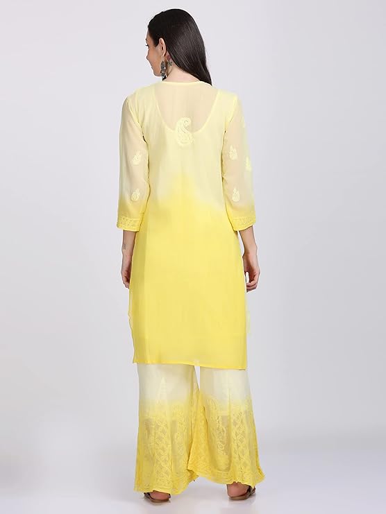 "ADR Women's Chikankari Handwork Straight-Dyed Yellow Kurti, Sharara & Dupatta Set with Inner"