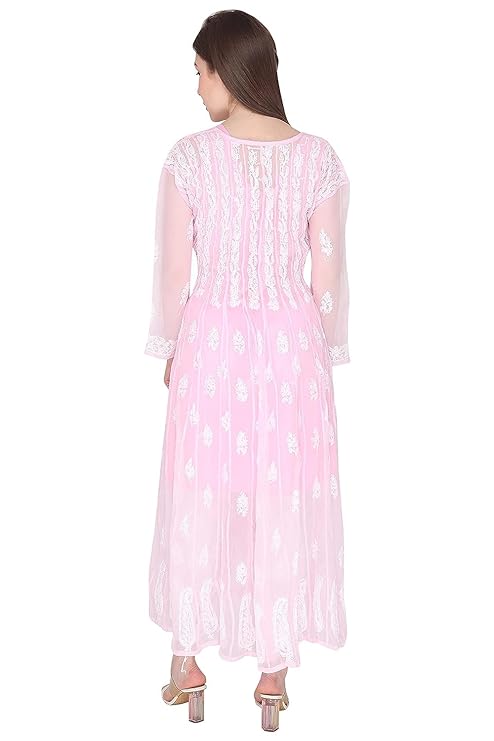 "ADR Chikankari Hand Embroidered Lucknowi Georgette 56 Kali Anarkali Kurti for Girls & Women"