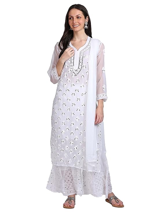 "ADR Women's Chikankari Handwork Straight Dyed Mirror Kurti, Sharara & Dupatta Set with Inner (Color Chart Available)"