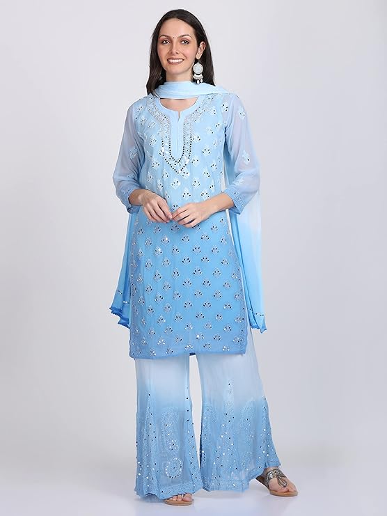 "ADR Women's Chikankari Handwork Straight Dyed Mirror Kurti, Sharara & Dupatta Set with Inner (Color Chart Available)"