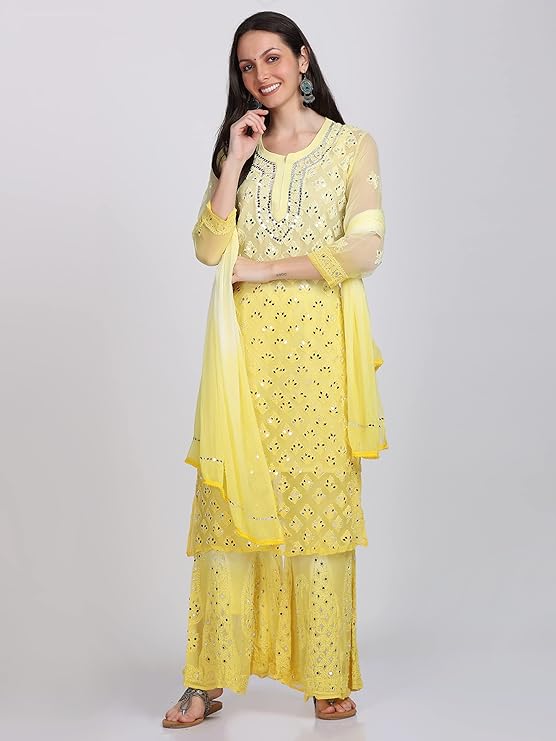 "ADR Women's Chikankari Handwork Straight Dyed Mirror Kurti, Sharara & Dupatta Set with Inner (Color Chart Available)"