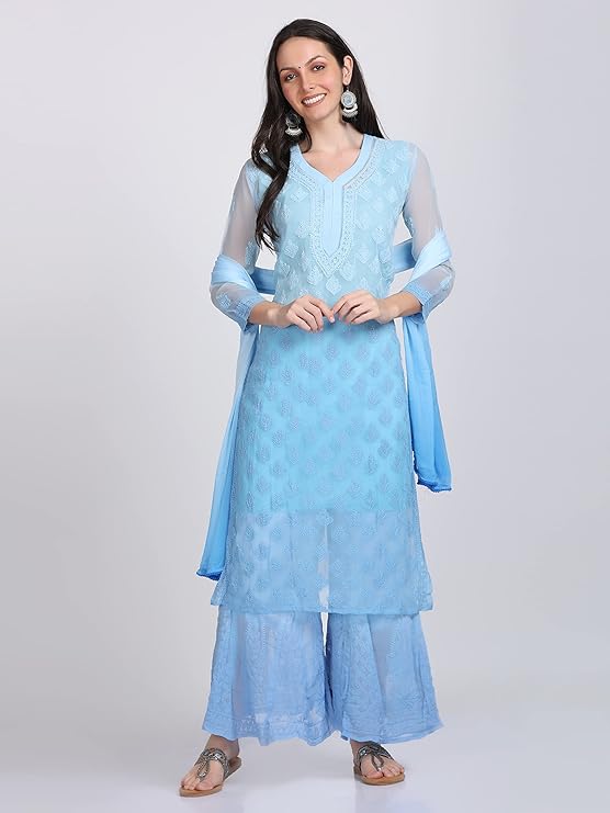ADR Women's Chikankari Handwork Straight Dyed Sky Blue Kurti, Sharara & Dupatta Set with Inner