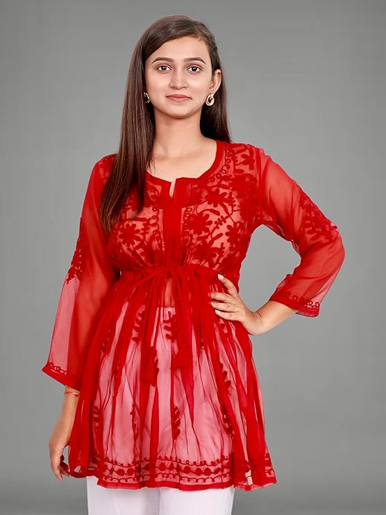 Lucknowi Chikankari Work Short Georgette Top For Girls & Women's.
