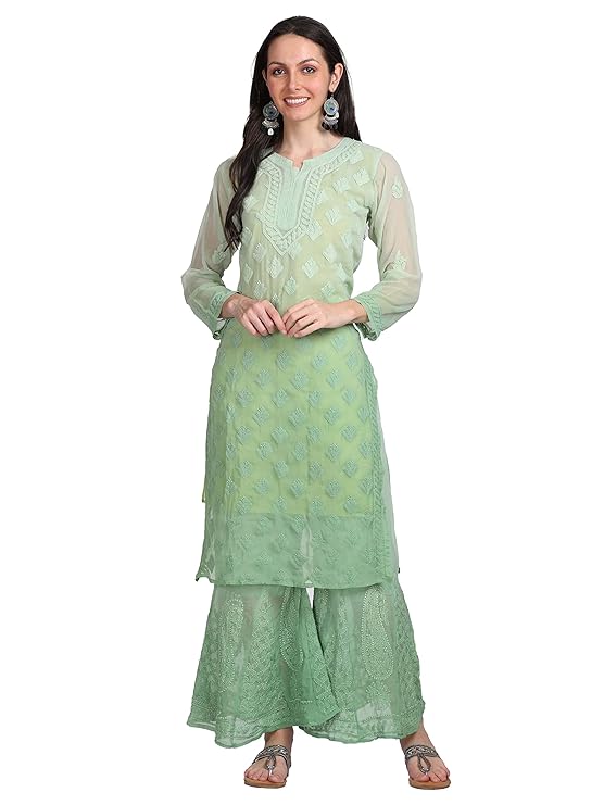 "ADR Women's Chikankari Handwork Straight Dyed Green Kurti, Sharara & Dupatta Set with Inner (Color Chart Available)"