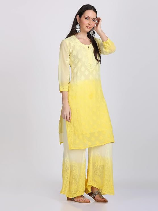 "ADR Women's Chikankari Handwork Straight-Dyed Yellow Kurti, Sharara & Dupatta Set with Inner"