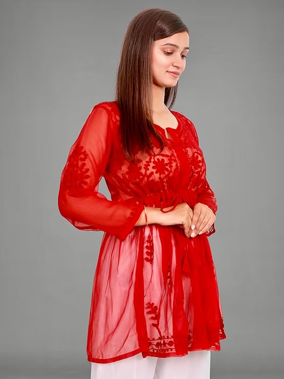 Lucknowi Chikankari Work Short Georgette Top For Girls & Women's.
