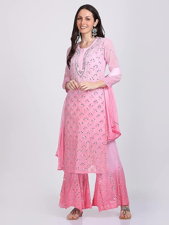 "ADR Women's Chikankari Handwork Straight Dyed Mirror Kurti, Sharara & Dupatta Set with Inner (Color Chart Available)"