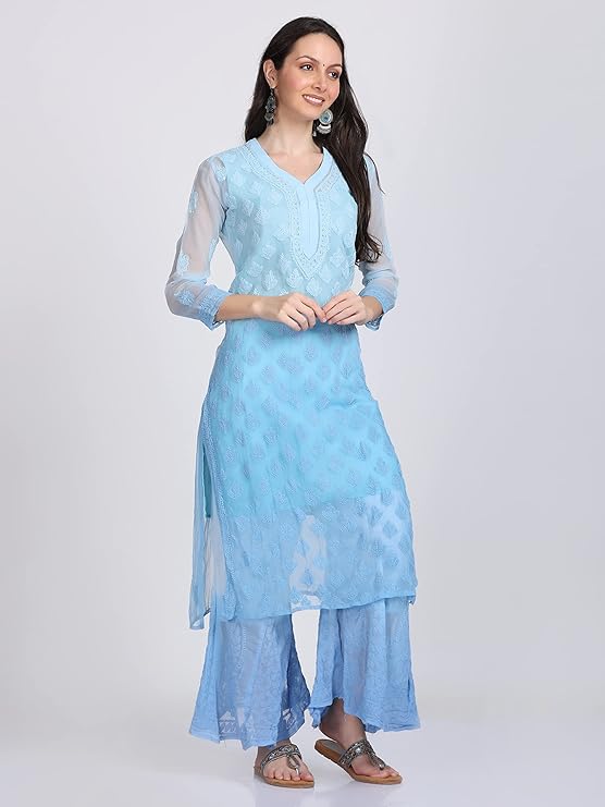 ADR Women's Chikankari Handwork Straight Dyed Sky Blue Kurti, Sharara & Dupatta Set with Inner