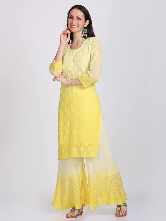 "ADR Women's Chikankari Handwork Straight-Dyed Yellow Kurti, Sharara & Dupatta Set with Inner"