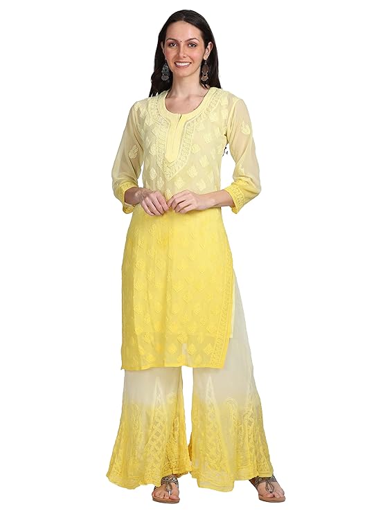"ADR Women's Chikankari Handwork Straight-Dyed Yellow Kurti, Sharara & Dupatta Set with Inner"