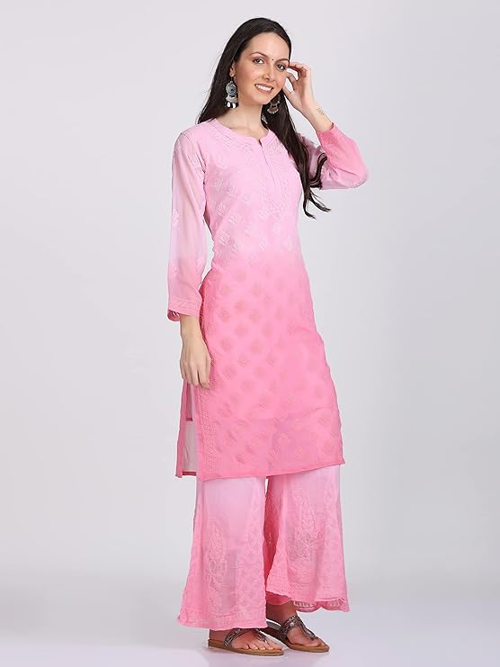 "ADR Women's Chikankari Handwork Straight Dyed Pink Kurti, Sharara & Dupatta Set with Inner"