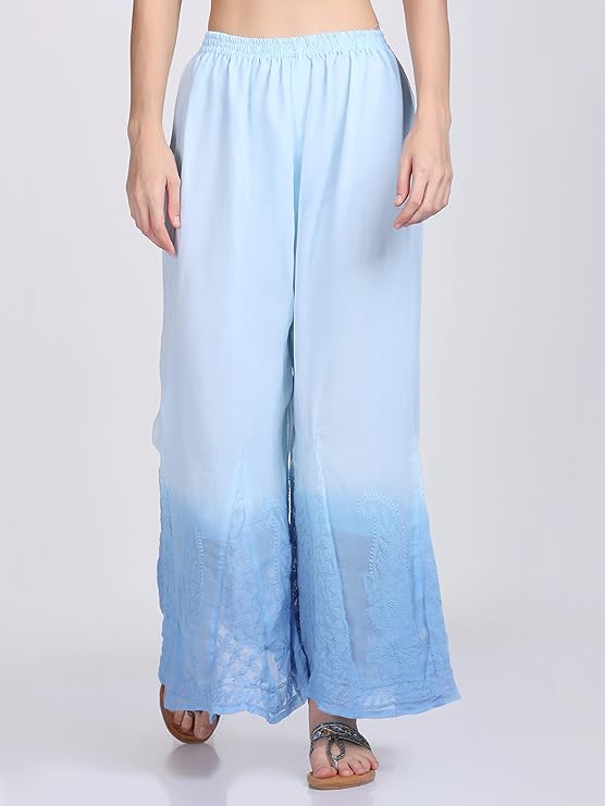 ADR Women's Chikankari Handwork Straight Dyed Sky Blue Kurti, Sharara & Dupatta Set with Inner
