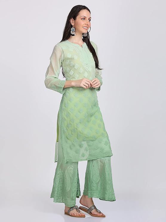 "ADR Women's Chikankari Handwork Straight Dyed Green Kurti, Sharara & Dupatta Set with Inner (Color Chart Available)"