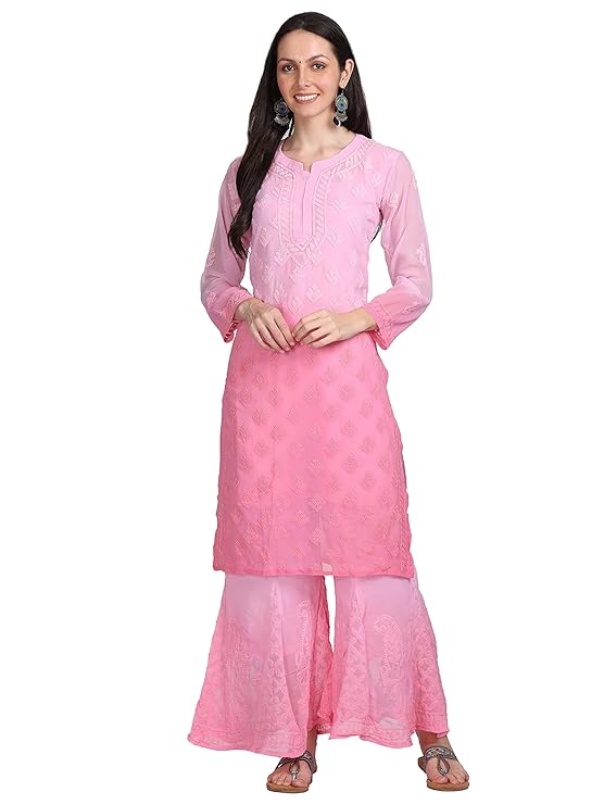 "ADR Women's Chikankari Handwork Straight Dyed Pink Kurti, Sharara & Dupatta Set with Inner"