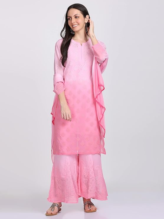 "ADR Women's Chikankari Handwork Straight Dyed Pink Kurti, Sharara & Dupatta Set with Inner"