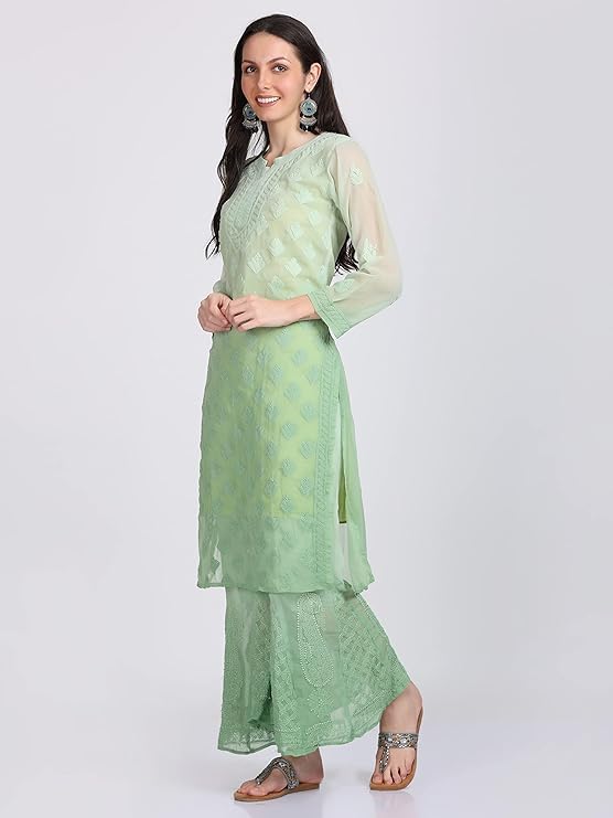 "ADR Women's Chikankari Handwork Straight Dyed Green Kurti, Sharara & Dupatta Set with Inner (Color Chart Available)"