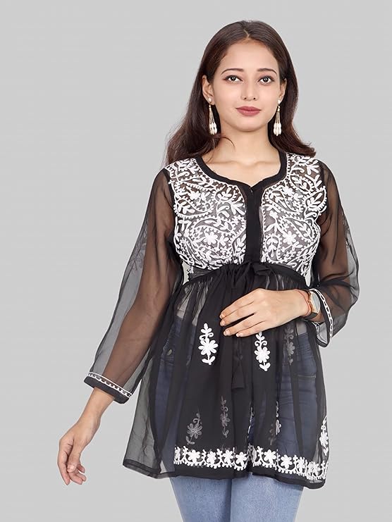 Lucknowi Chikankari Work Short Georgette Top For Girls & Women's.