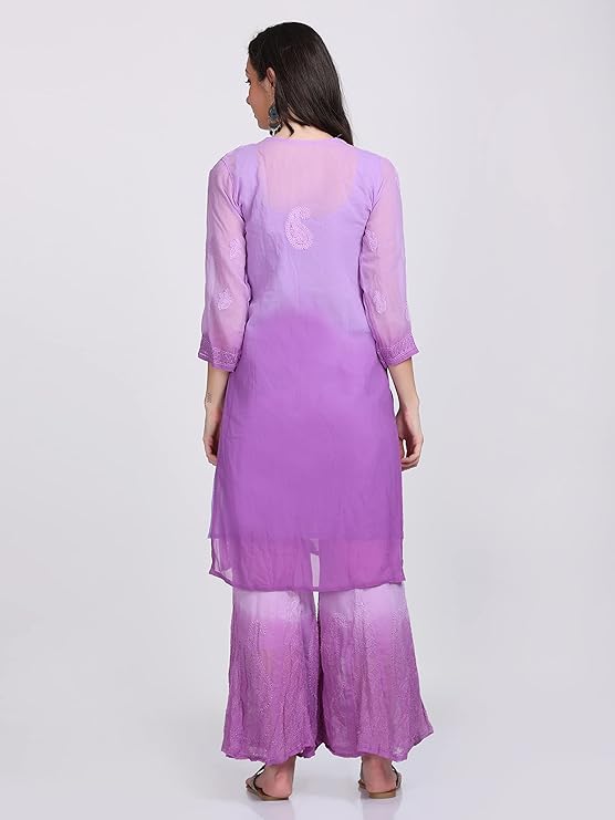 ADR Women's Chikankari Handwork Straight Dyed Purple Kurti, Sharara & Dupatta Set with Inner