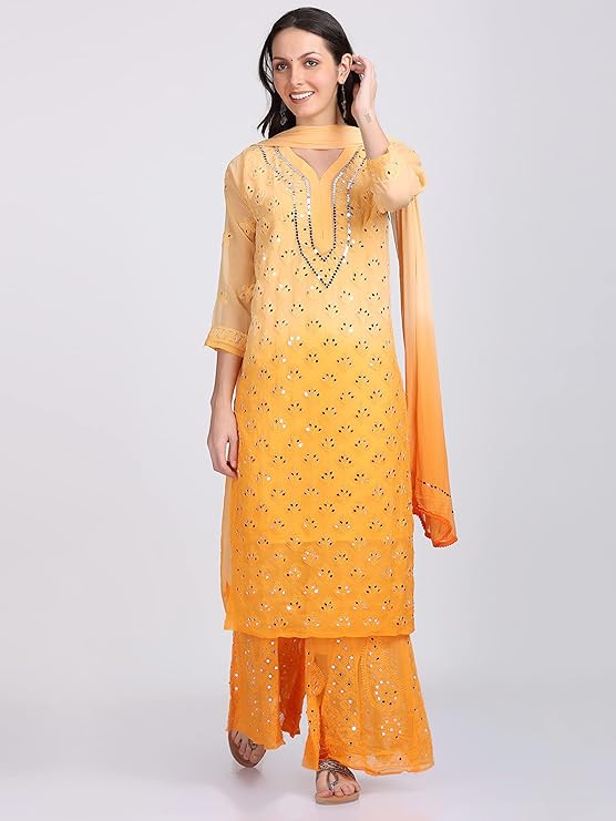 "ADR Women's Chikankari Handwork Straight Dyed Mirror Kurti, Sharara & Dupatta Set with Inner (Color Chart Available)"