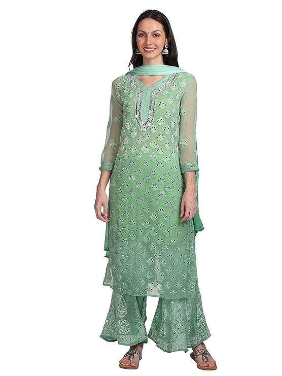 "ADR Women's Chikankari Handwork Straight Dyed Mirror Kurti, Sharara & Dupatta Set with Inner (Color Chart Available)"