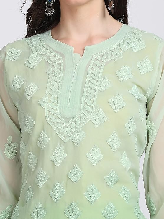 "ADR Women's Chikankari Handwork Straight Dyed Green Kurti, Sharara & Dupatta Set with Inner (Color Chart Available)"
