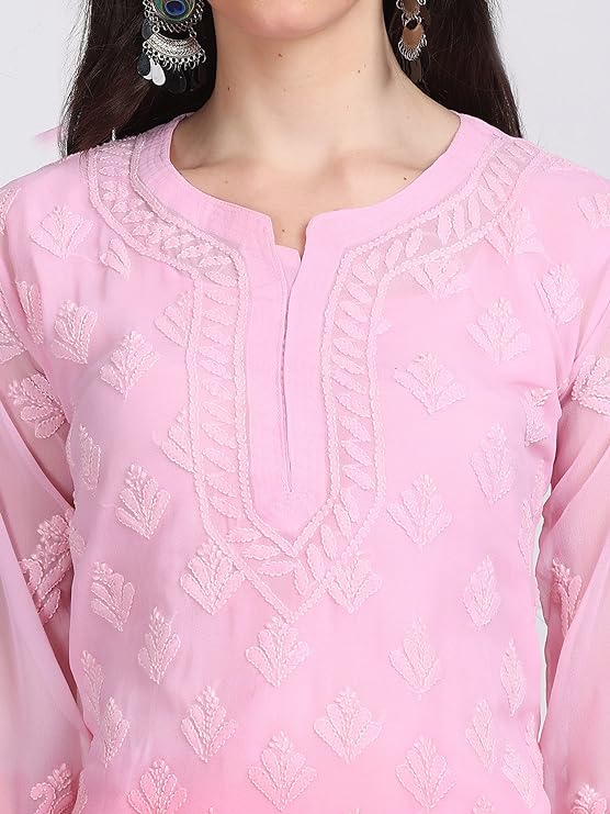 "ADR Women's Chikankari Handwork Straight Dyed Pink Kurti, Sharara & Dupatta Set with Inner"