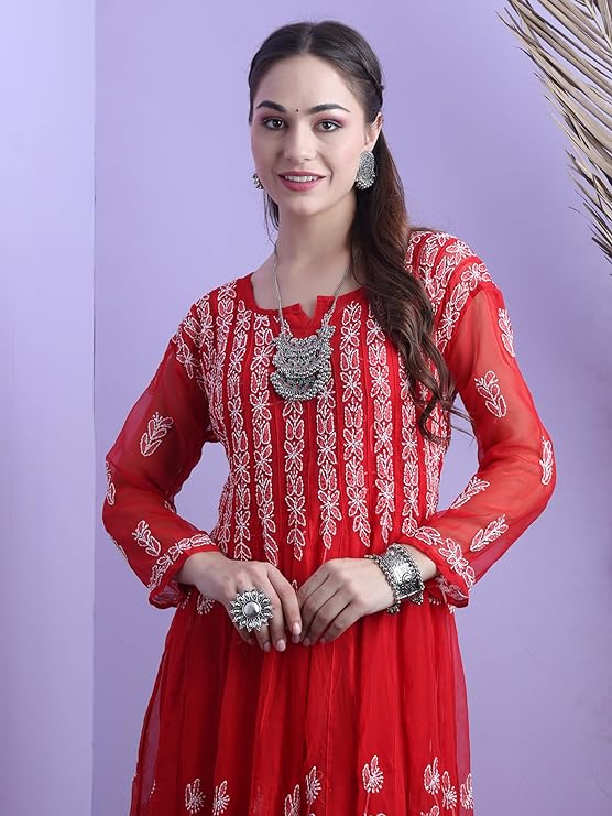 "ADR Chikankari Hand Embroidered Lucknowi Georgette 56 Kali Anarkali Kurti for Girls & Women"