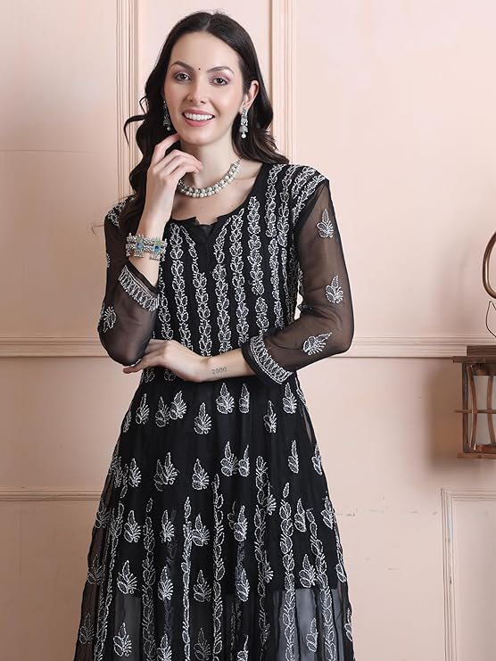 "ADR Chikankari Hand Embroidered Lucknowi Georgette 56 Kali Anarkali Kurti for Girls & Women"