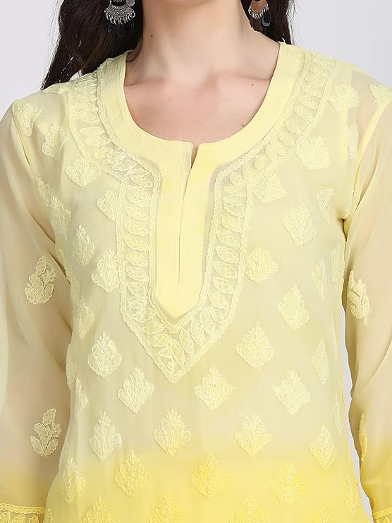 "ADR Women's Chikankari Handwork Straight-Dyed Yellow Kurti, Sharara & Dupatta Set with Inner"