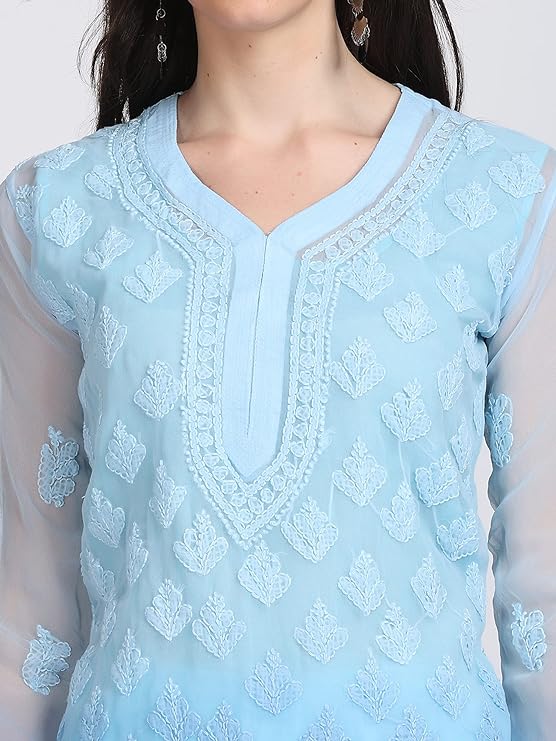 ADR Women's Chikankari Handwork Straight Dyed Sky Blue Kurti, Sharara & Dupatta Set with Inner
