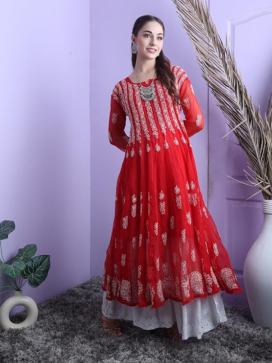 "ADR Chikankari Hand Embroidered Lucknowi Georgette 56 Kali Anarkali Kurti for Girls & Women"