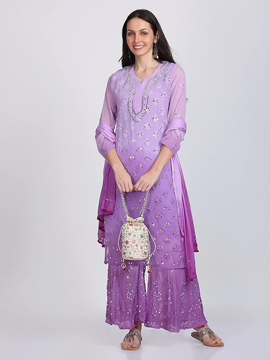 "ADR Women's Chikankari Handwork Straight Dyed Mirror Kurti, Sharara & Dupatta Set with Inner (Color Chart Available)"